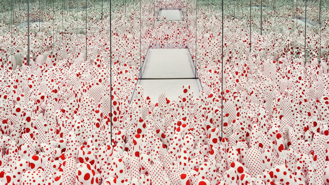 An installation by Yayoi Kusama, titled Infinity Mirror Room—Phalli’s Field (Floor Show) at Hirshhorn Museum and Sculpture Garden in Washington, DC.