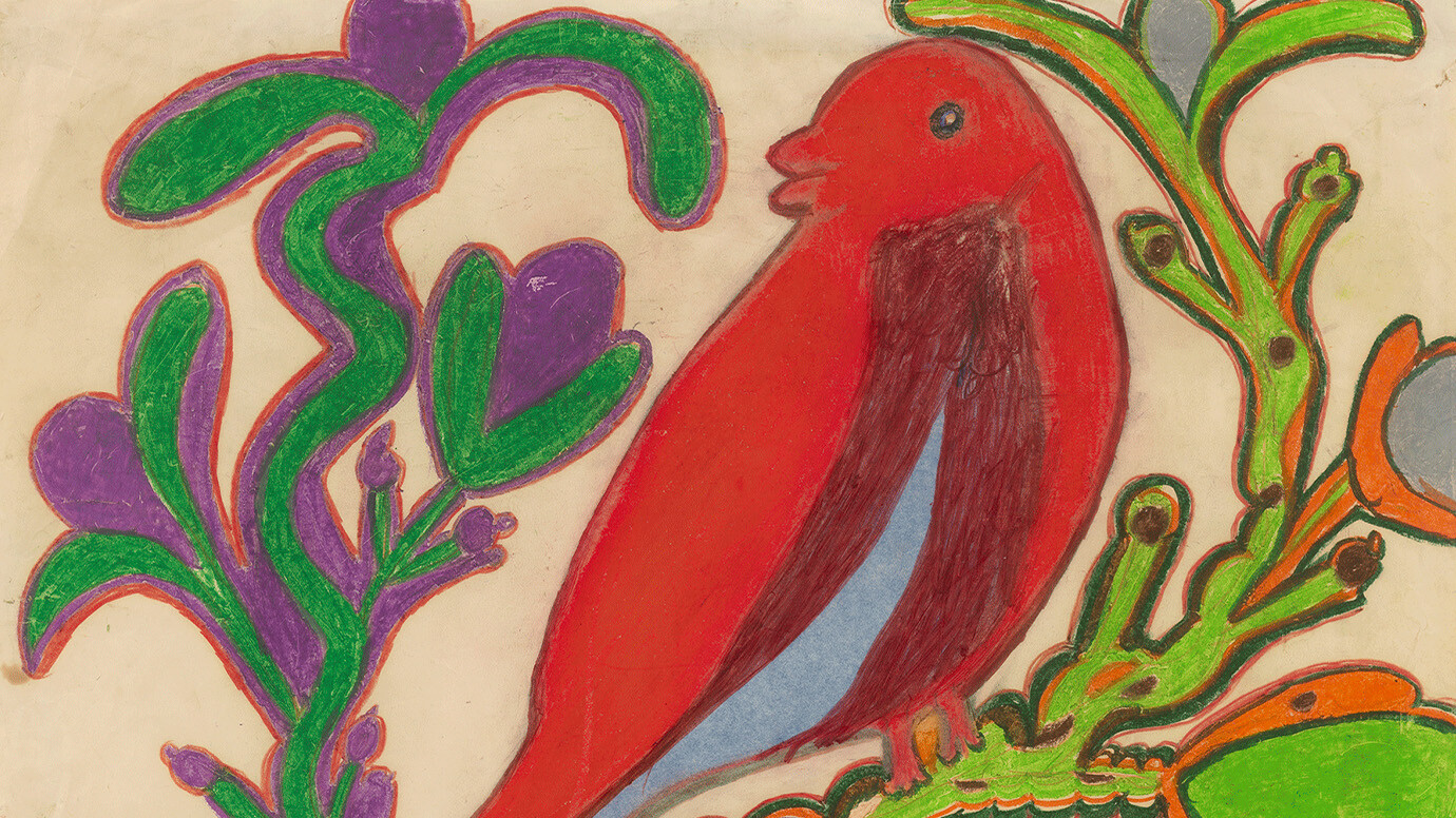 A drawing by Nellie Mae Rowe titled Red Bird, c. 1980