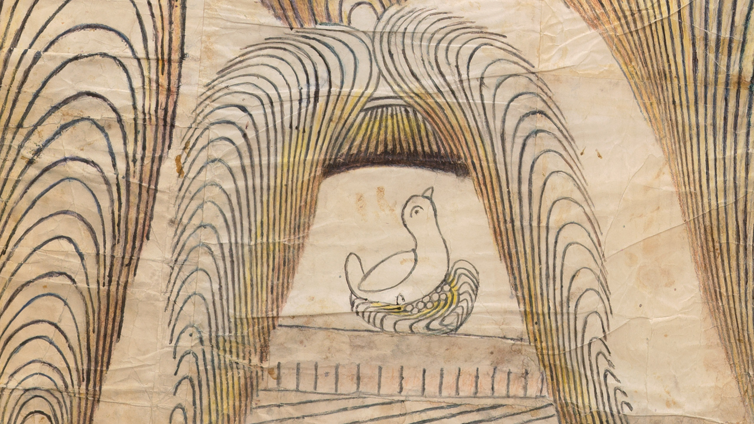 A detail from an untitled work features Cat, Bird, and Tunnels by  Martin Ramirez dated 1950
