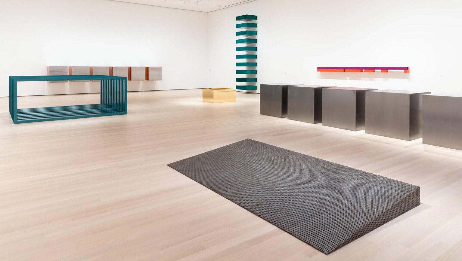 An installation view of an exhibition titled Judd at The Museum of modern Art in New York in 2020.
