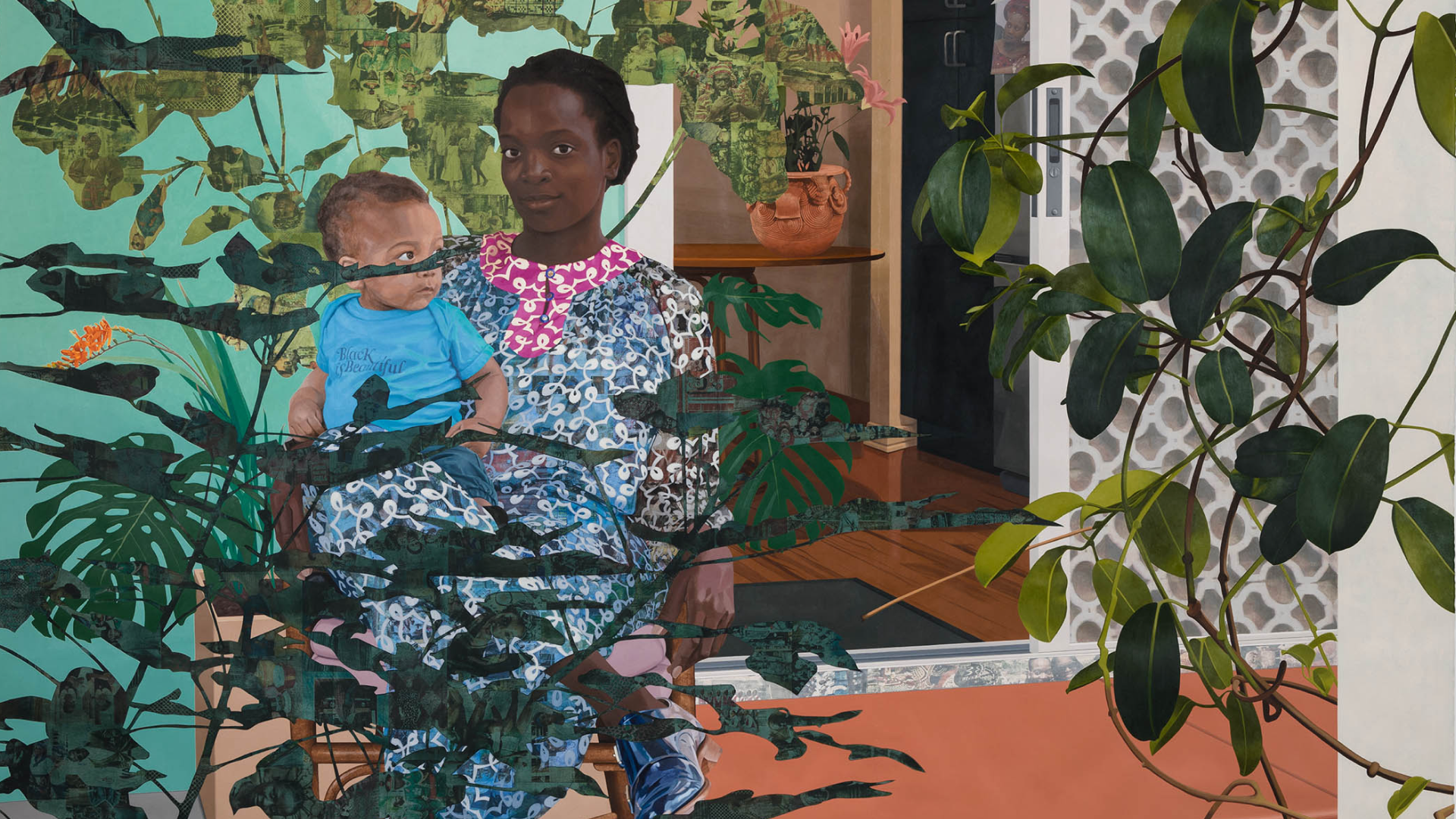 A detail from a painting by Njideka Akunyili Crosby, titled Still You Bloom in This Land of No Gardens, dated 2020.