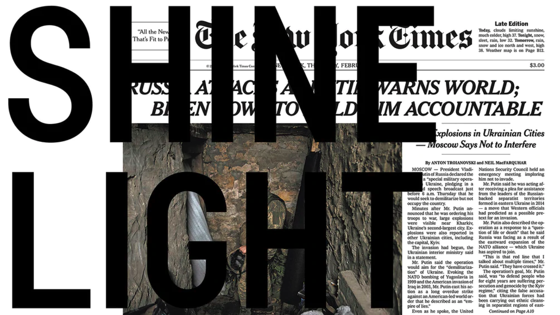 A detail from a print by Rirkrit Tiravanija, titled untitled 2022 (shine light into dark places, new york times, february 24, 2022), dated 2022.
