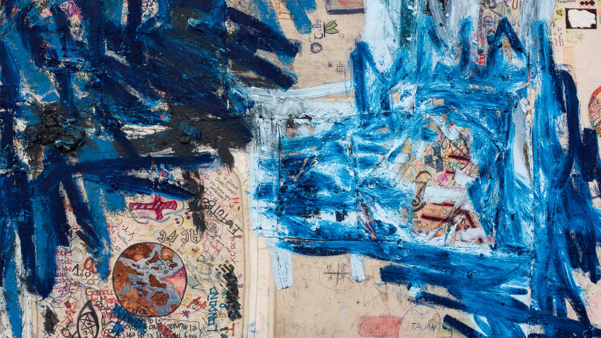 A detail of a painting by Oscar Murillo, titled disrupted frequencies (Colombia, Brazil, Turkey, China), dated 2013–2019.